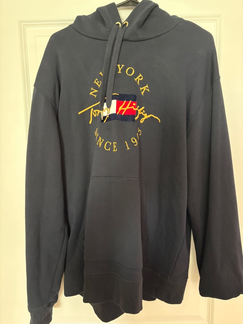 Tommy Hilfiger Men's Navy Logo Pullover Hoodie with Yellow Embroidery